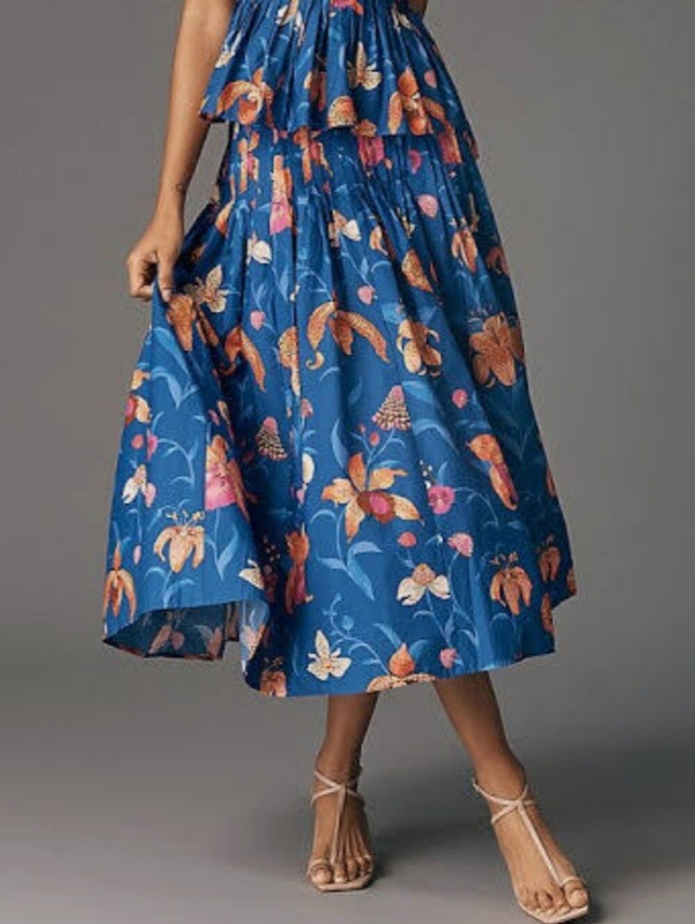Farm Rio Pintuck Cotton Midi Skirt In "Floral Divas" Colorway